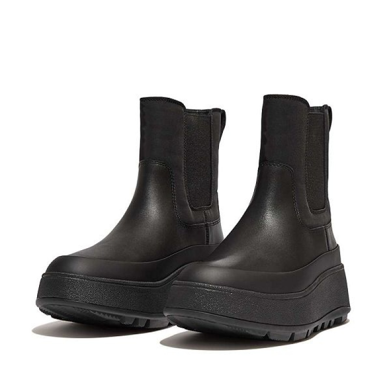 FitFlop F-Mode Water Resistant Fabric Leather Flatform Women's Chelsea Boots Black | 754LNHWAS