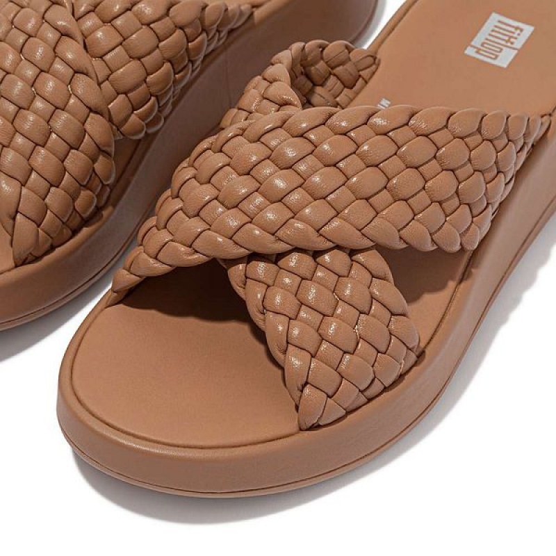 FitFlop F-Mode Woven Leather Flatform Cross Women's Slides Brown | 758GIPCHE