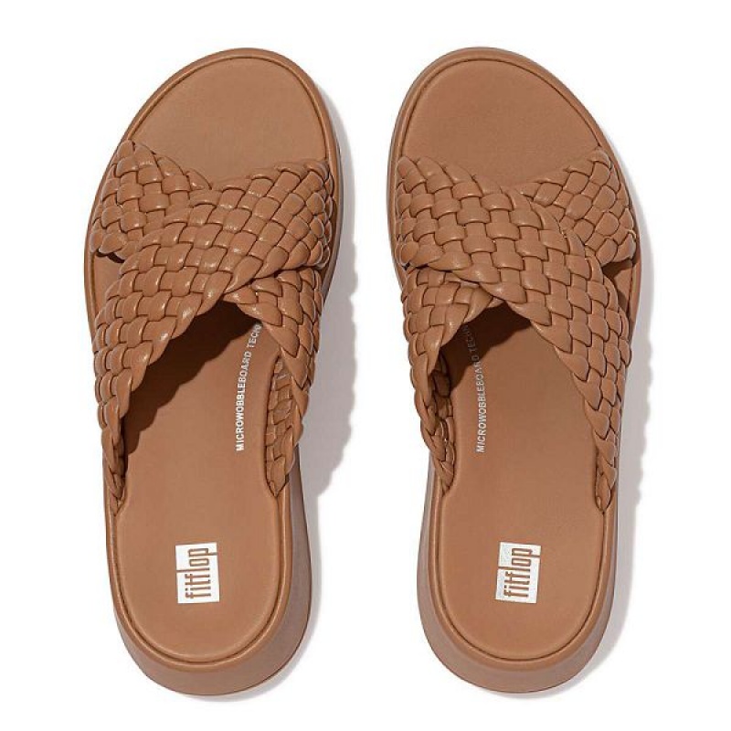 FitFlop F-Mode Woven Leather Flatform Cross Women's Slides Brown | 758GIPCHE