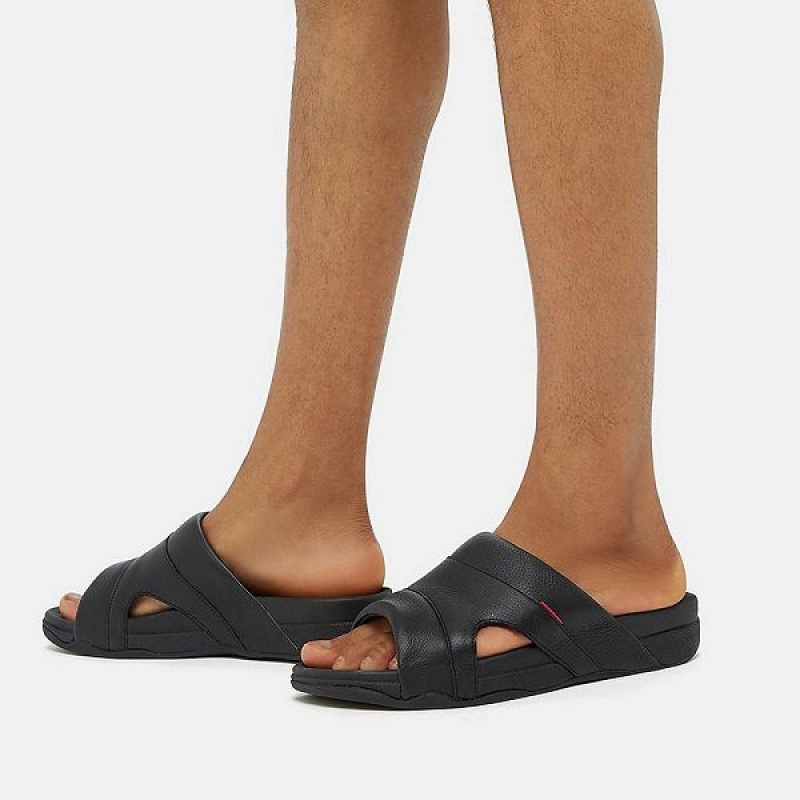 FitFlop Freeway Leather Pool Men's Slides Black | 820SAZIDH