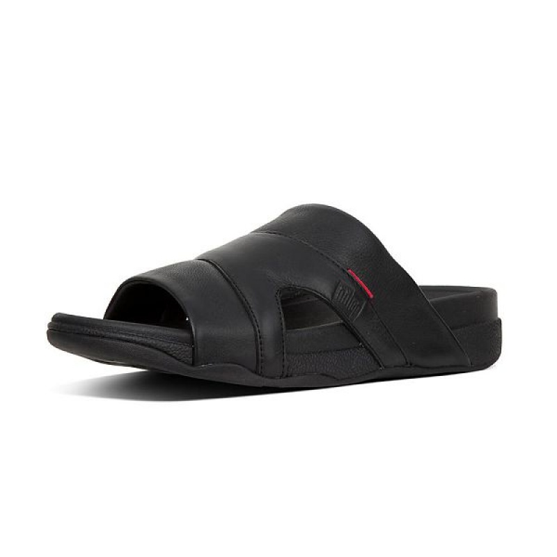 FitFlop Freeway Leather Pool Men's Slides Black | 820SAZIDH