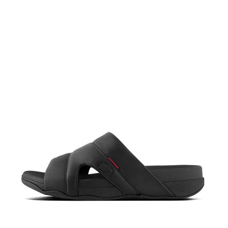 FitFlop Freeway Leather Pool Men\'s Slides Black | 820SAZIDH