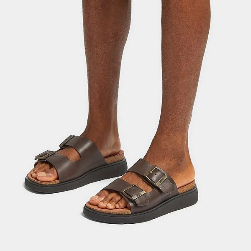 FitFlop Gen-Ff Buckle Two Bar Leather Men's Slides Brown | 927FGCRVZ