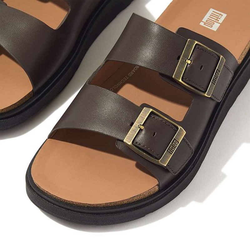 FitFlop Gen-Ff Buckle Two Bar Leather Men's Slides Brown | 927FGCRVZ