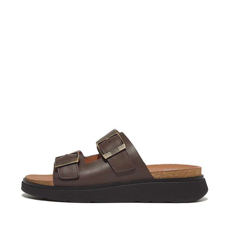 FitFlop Gen-Ff Buckle Two Bar Leather Men\'s Slides Brown | 927FGCRVZ