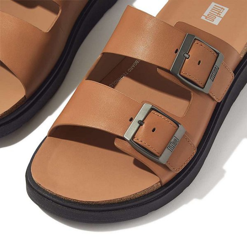 FitFlop Gen-Ff Buckle Two Bar Leather Men's Slides Light Brown | 632MWBFUY