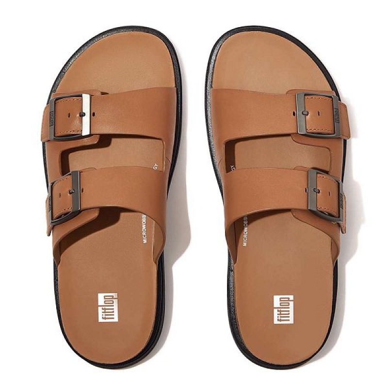 FitFlop Gen-Ff Buckle Two Bar Leather Men's Slides Light Brown | 632MWBFUY