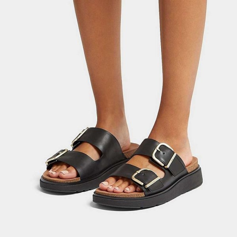 FitFlop Gen-Ff Buckle Two Bar Leather Women's Slides Black | 036DYMSGW