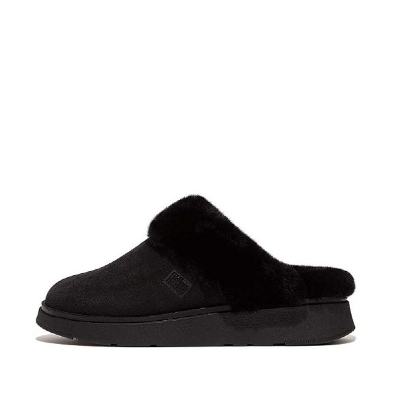 FitFlop Gen-Ff Shearling Collar Suede Women\'s Slippers Black | 590IZXKPD