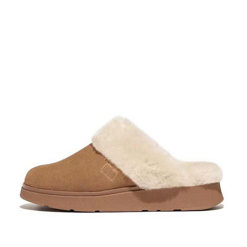 FitFlop Gen-Ff Shearling Collar Suede Women\'s Slippers Brown | 148UHTCXR