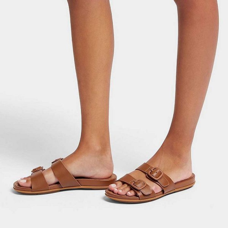 FitFlop Gracie Buckle Two Bar Leather Women's Slides Brown | 254YHDGOK