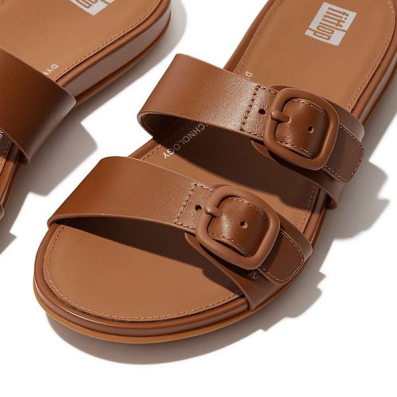 FitFlop Gracie Buckle Two Bar Leather Women's Slides Brown | 254YHDGOK