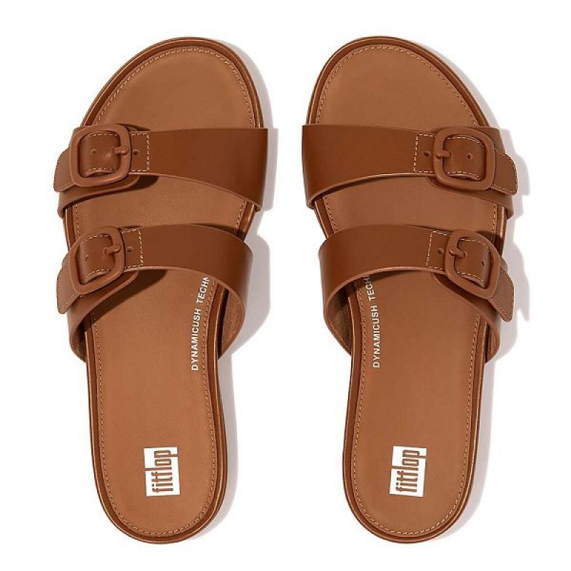 FitFlop Gracie Buckle Two Bar Leather Women's Slides Brown | 254YHDGOK