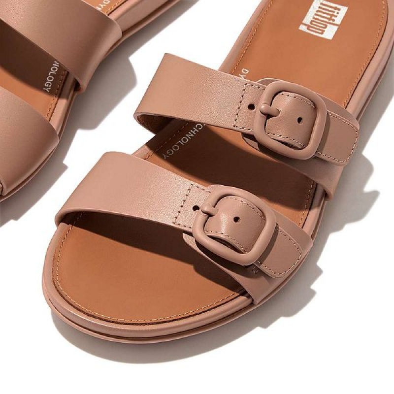 FitFlop Gracie Buckle Two Bar Leather Women's Slides Beige | 924ZIWTGB