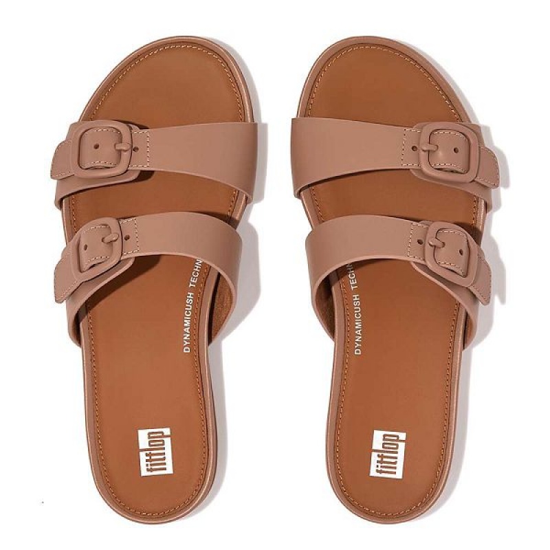 FitFlop Gracie Buckle Two Bar Leather Women's Slides Beige | 924ZIWTGB