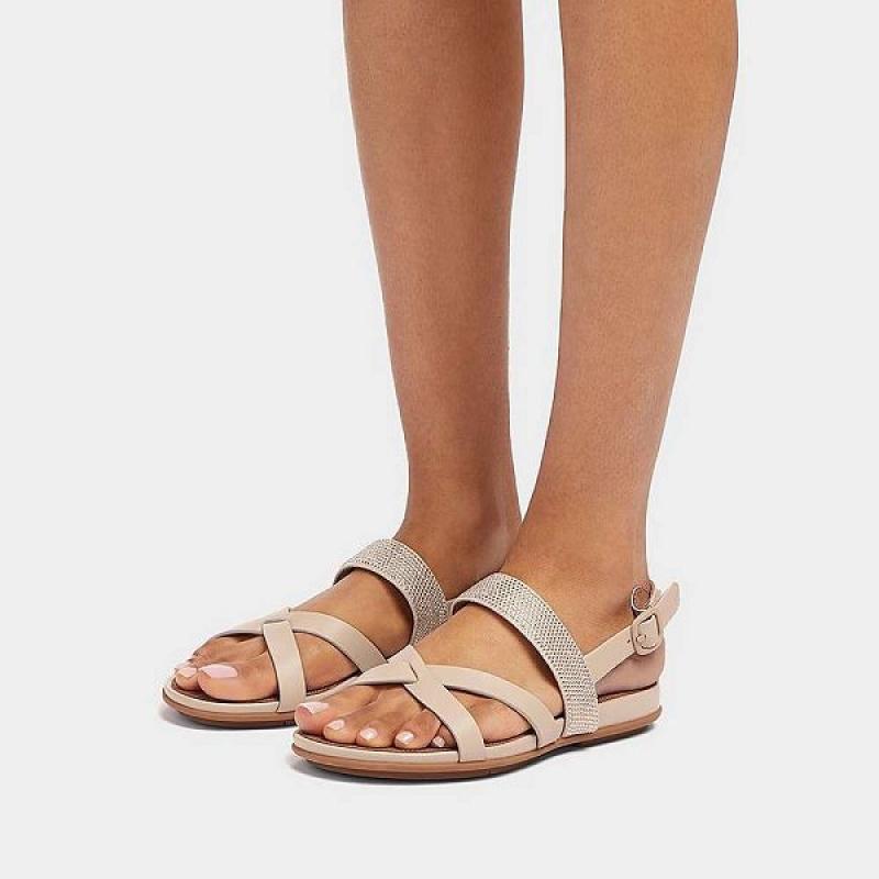 FitFlop Gracie Crystal Leather Strappy Back-Strap Women's Sandals Grey / Beige | 164OZTQIS