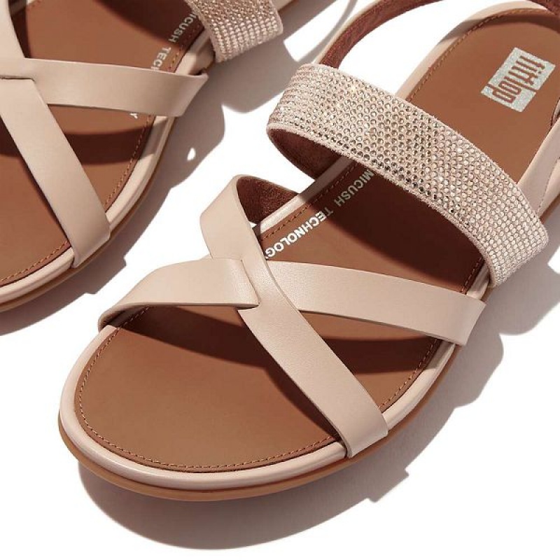 FitFlop Gracie Crystal Leather Strappy Back-Strap Women's Sandals Grey / Beige | 164OZTQIS