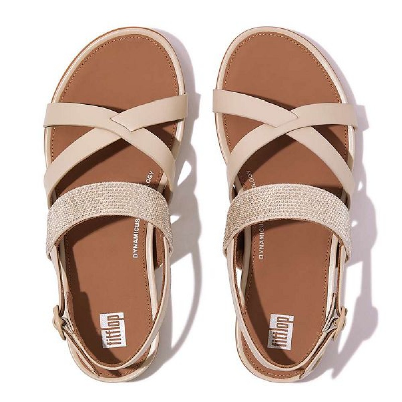 FitFlop Gracie Crystal Leather Strappy Back-Strap Women's Sandals Grey / Beige | 164OZTQIS