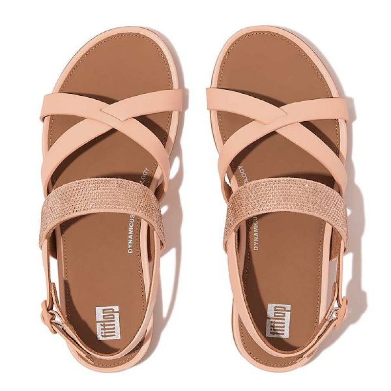 FitFlop Gracie Crystal Leather Strappy Back-Strap Women's Sandals Brown / Coral | 305MPYEAQ