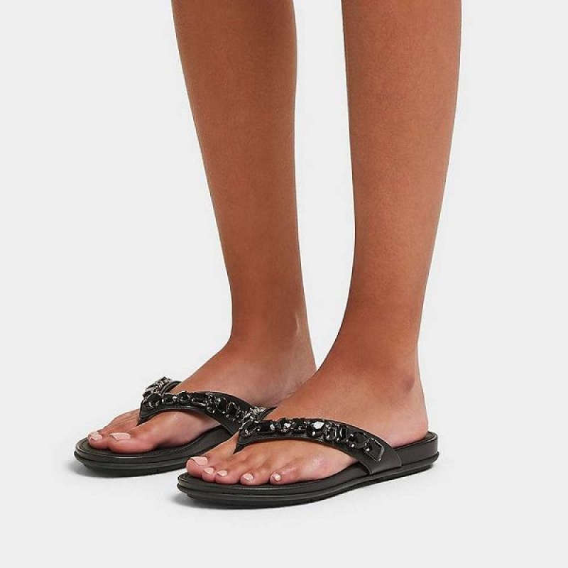 FitFlop Gracie Jewel Deluxe Leather Women's Flip Flops Black | 319VMHLCN