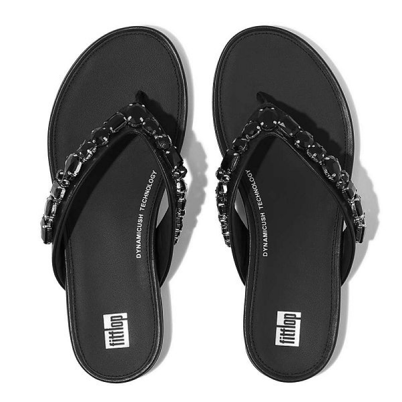 FitFlop Gracie Jewel Deluxe Leather Women's Flip Flops Black | 319VMHLCN