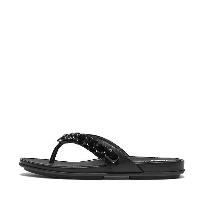 FitFlop Gracie Jewel Deluxe Leather Women\'s Flip Flops Black | 319VMHLCN