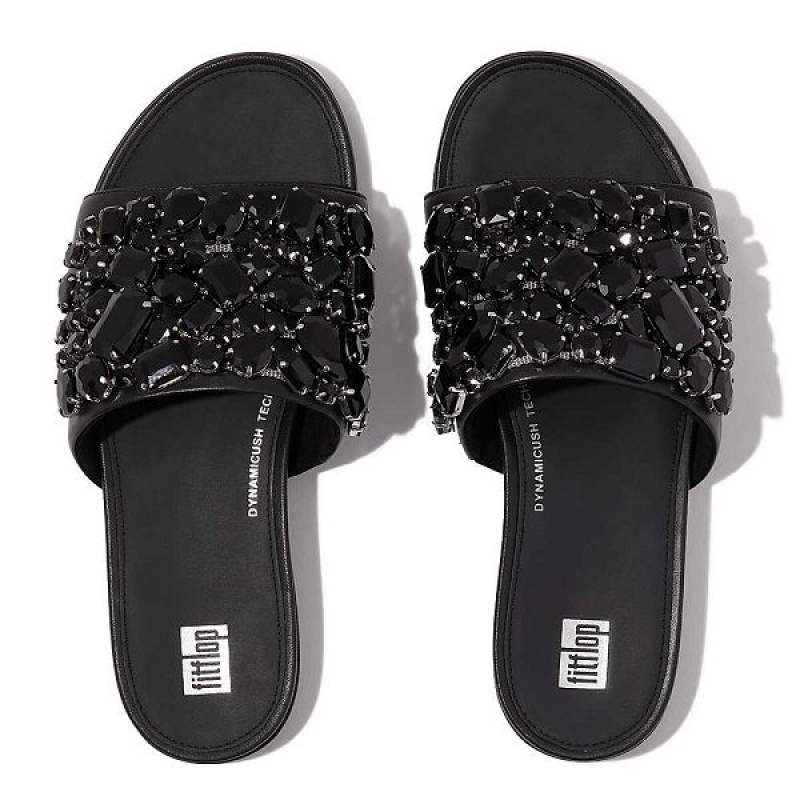 FitFlop Gracie Jewel Deluxe Leather Women's Slides Black | 503ZGNTEX