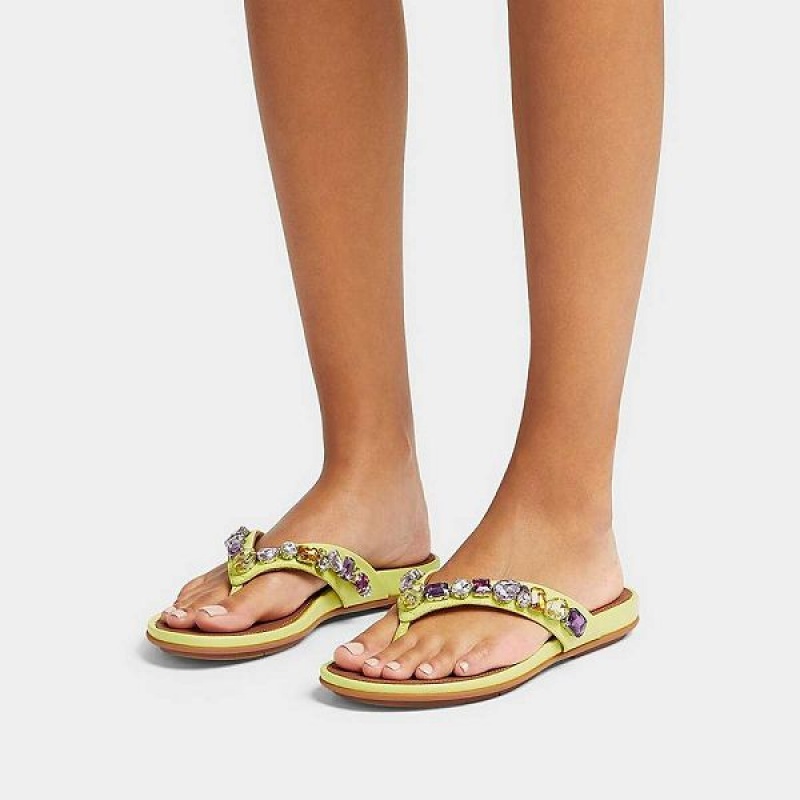 FitFlop Gracie Jewel Deluxe Leather Women's Flip Flops Light Green | 315FWZQAJ