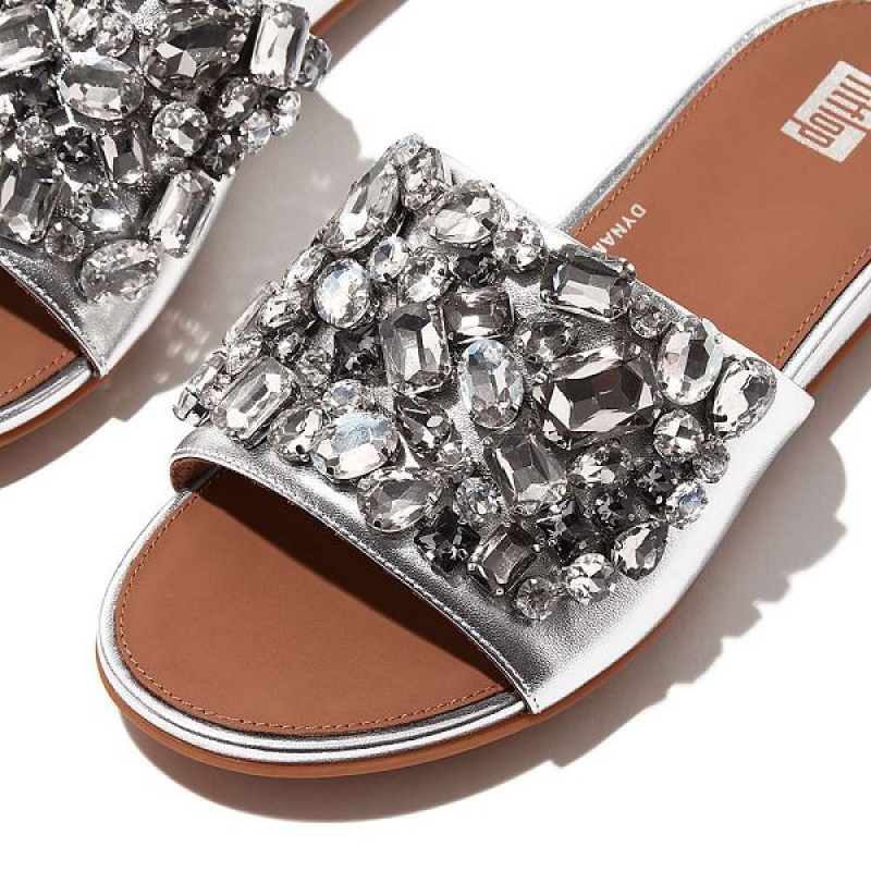 FitFlop Gracie Jewel Deluxe Metallic Leather Women's Slides Silver | 640LXBWGR