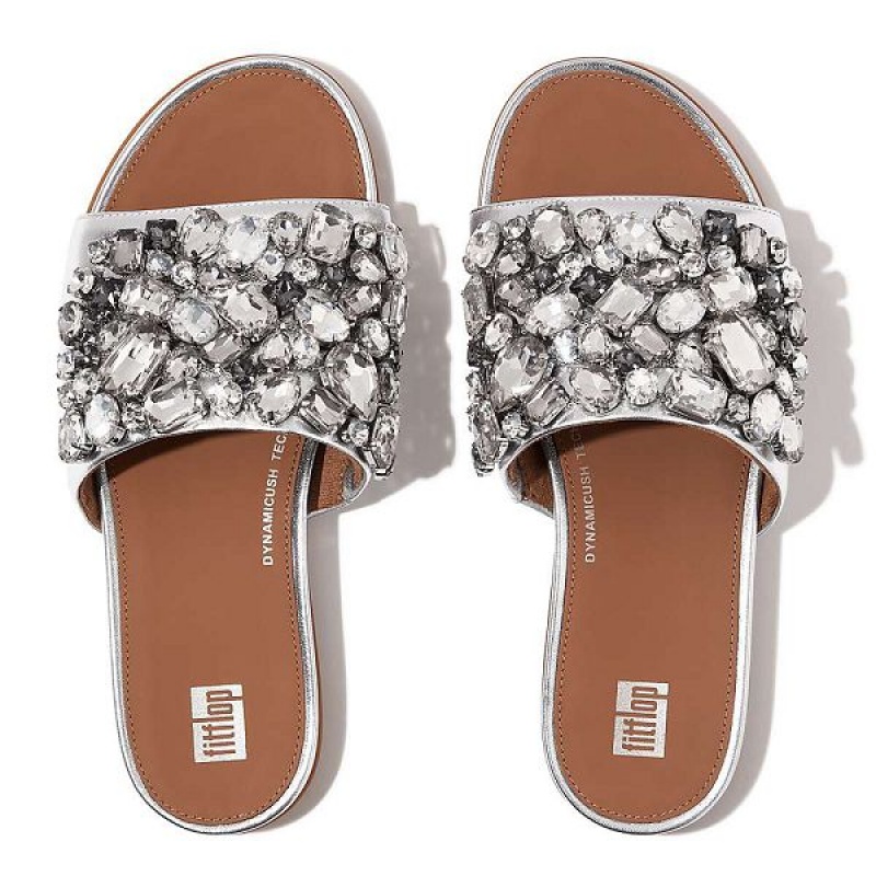 FitFlop Gracie Jewel Deluxe Metallic Leather Women's Slides Silver | 640LXBWGR