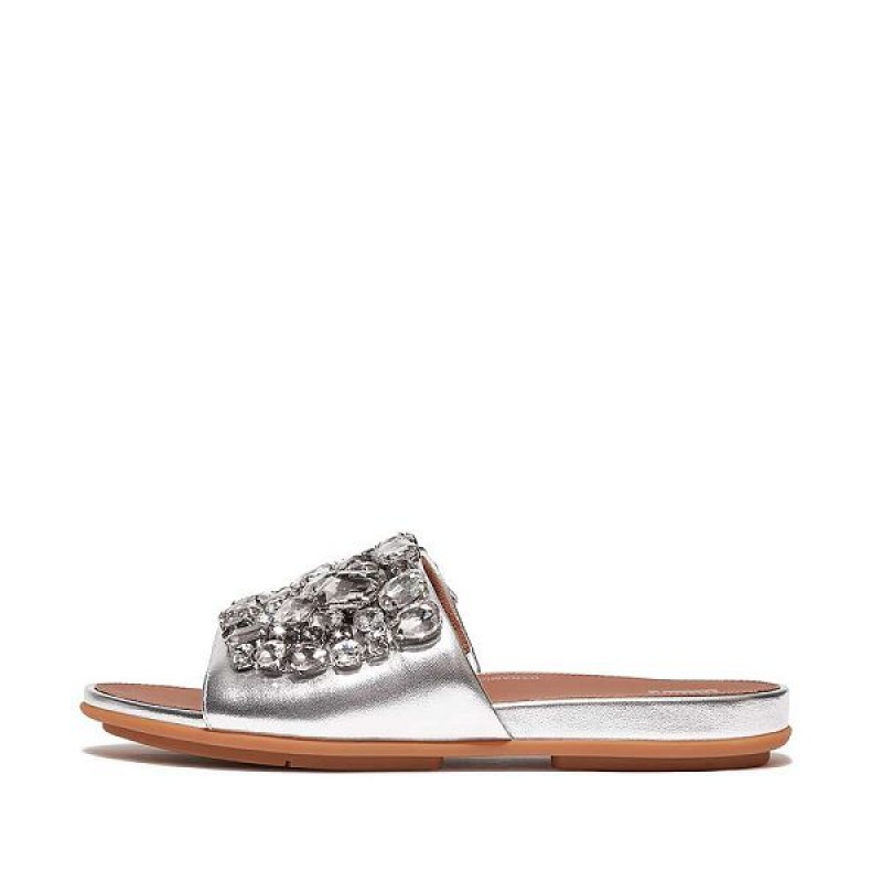 FitFlop Gracie Jewel Deluxe Metallic Leather Women\'s Slides Silver | 640LXBWGR