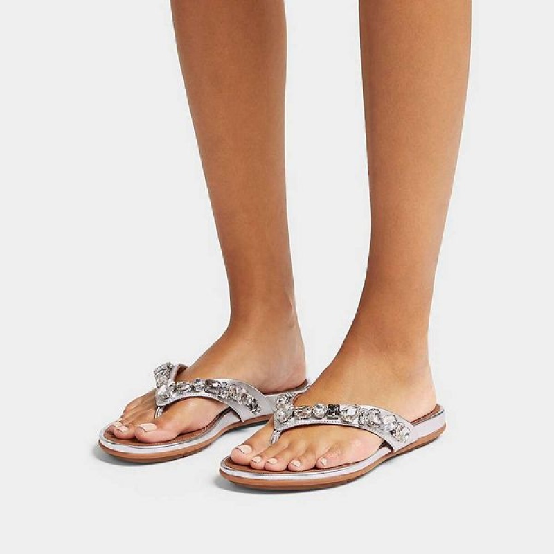 FitFlop Gracie Jewel Deluxe Metallic Leather Women's Flip Flops Silver | 823GWNJFT