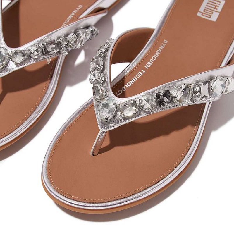 FitFlop Gracie Jewel Deluxe Metallic Leather Women's Flip Flops Silver | 823GWNJFT