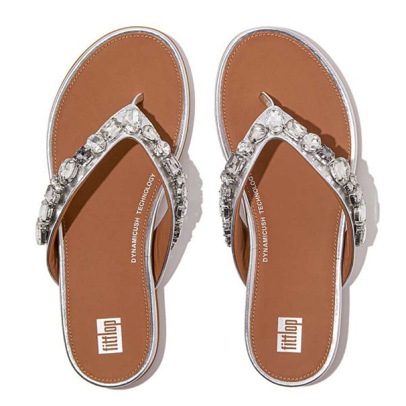 FitFlop Gracie Jewel Deluxe Metallic Leather Women's Flip Flops Silver | 823GWNJFT