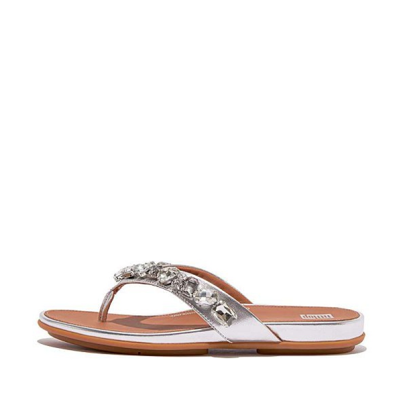 FitFlop Gracie Jewel Deluxe Metallic Leather Women\'s Flip Flops Silver | 823GWNJFT