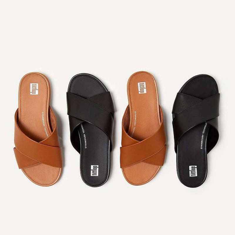 FitFlop Gracie Leather Cross Women's Slides Black | 860PNDVCX