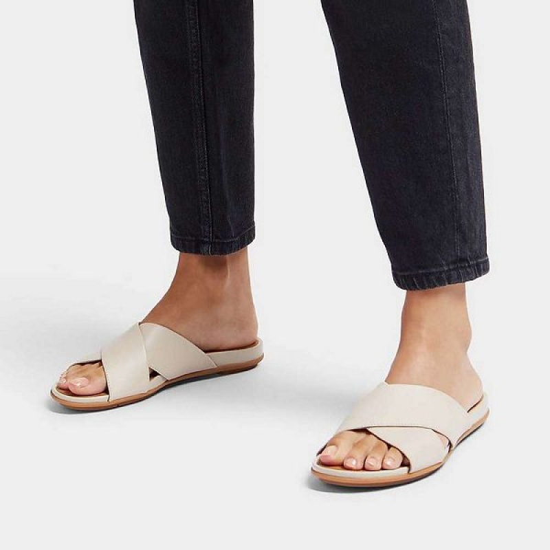 FitFlop Gracie Leather Cross Women's Slides Grey / Beige | 423WZVTYK