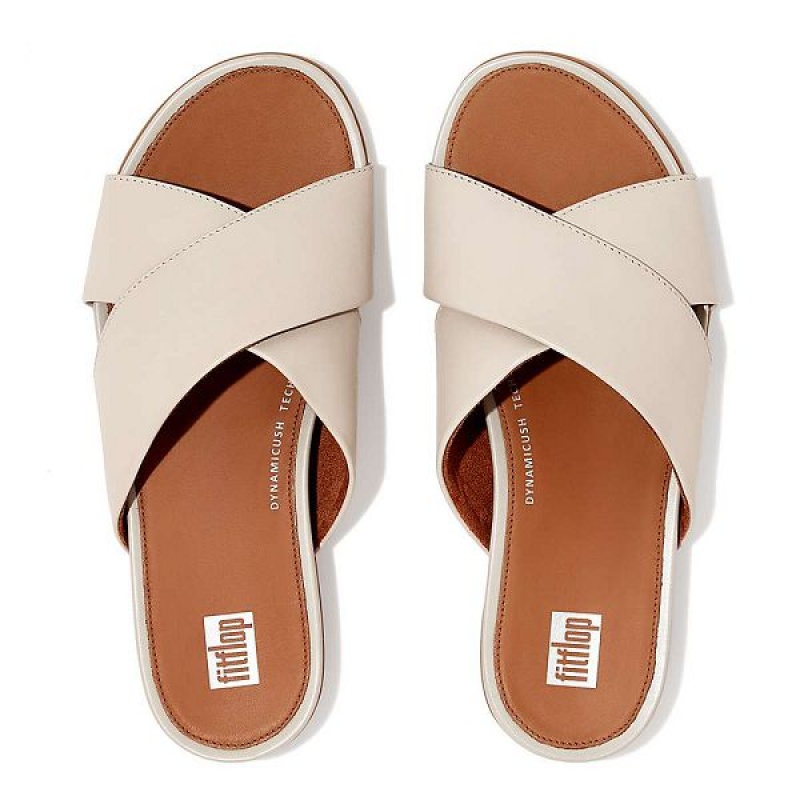 FitFlop Gracie Leather Cross Women's Slides Grey / Beige | 423WZVTYK