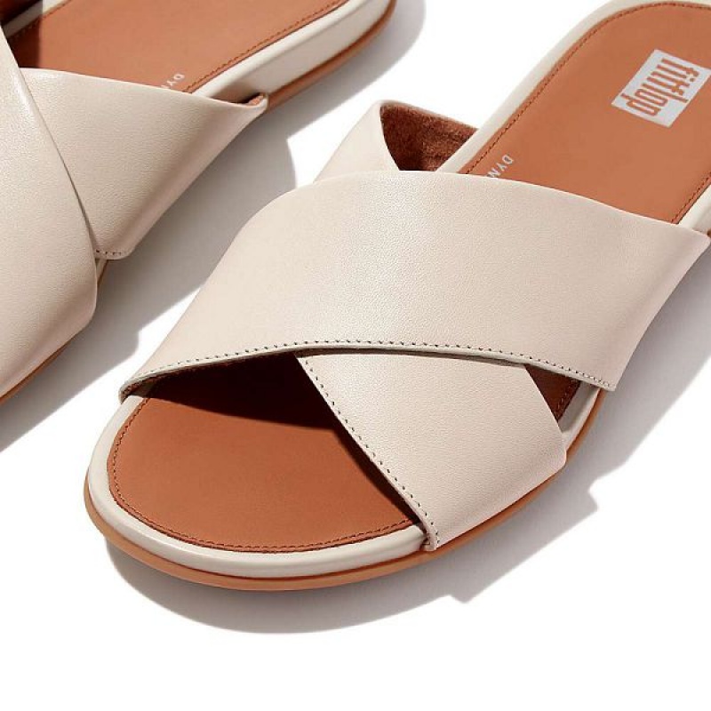 FitFlop Gracie Leather Cross Women's Slides Grey / Beige | 423WZVTYK