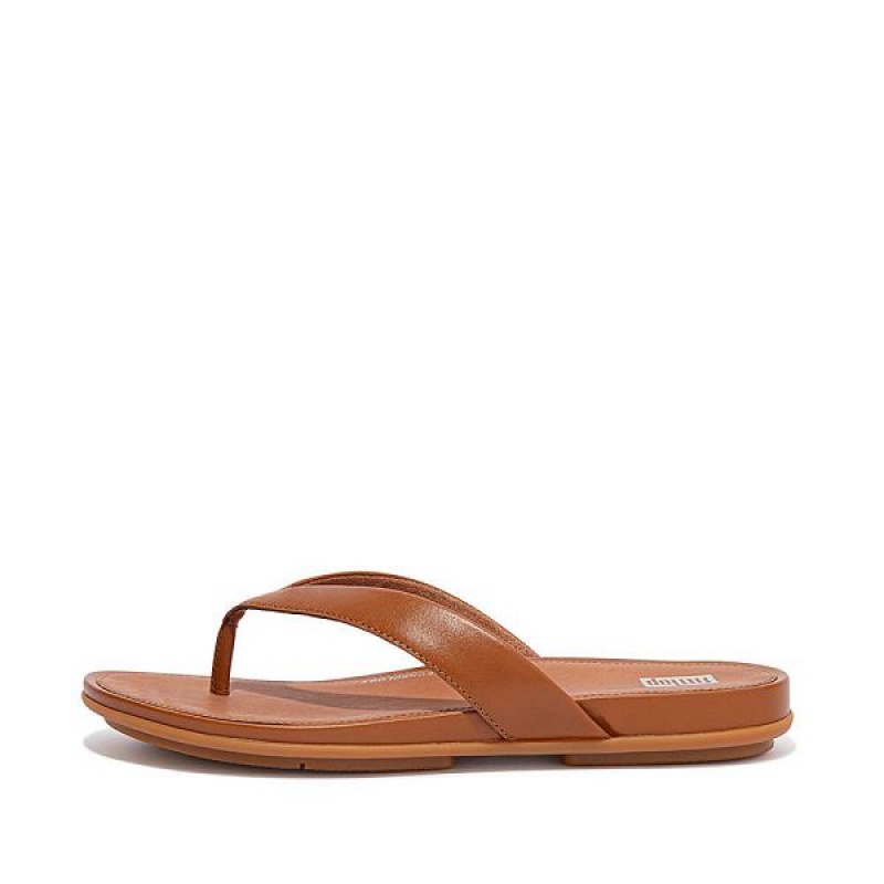 FitFlop Gracie Leather Women\'s Flip Flops Light Brown | 579KHLYZD