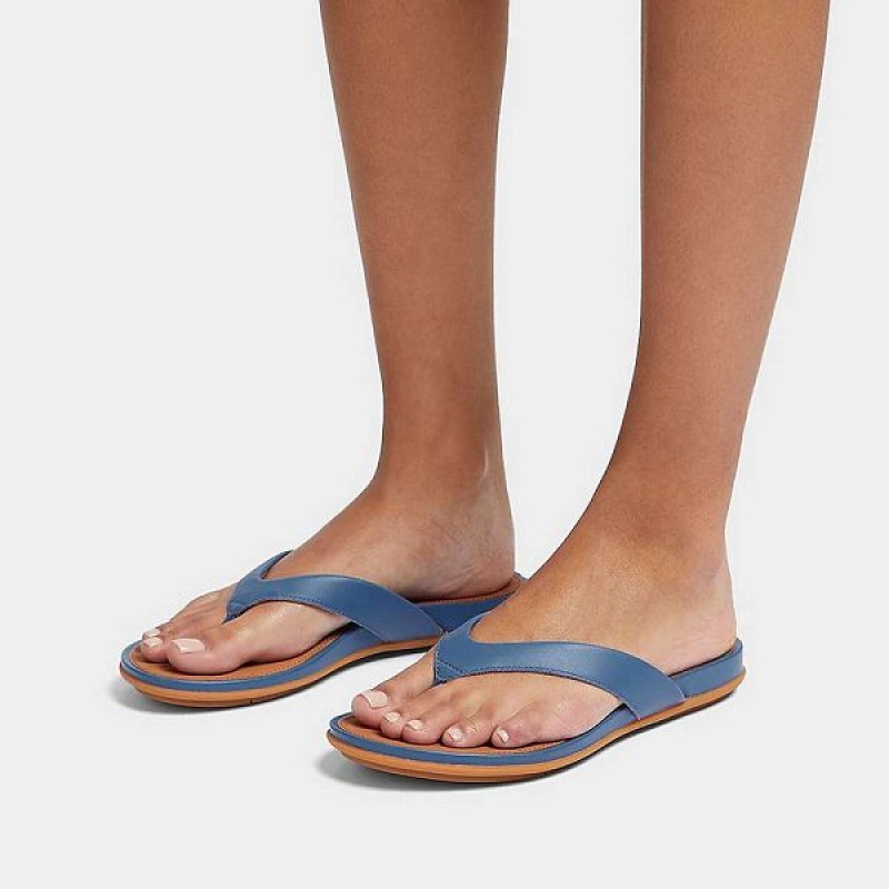 FitFlop Gracie Leather Women's Flip Flops Blue | 816HKXTRQ