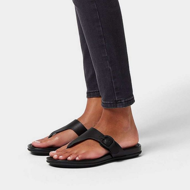 FitFlop Gracie Matt Buckle Leather Toe-Post Women's Sandals Black | 526XBUORC