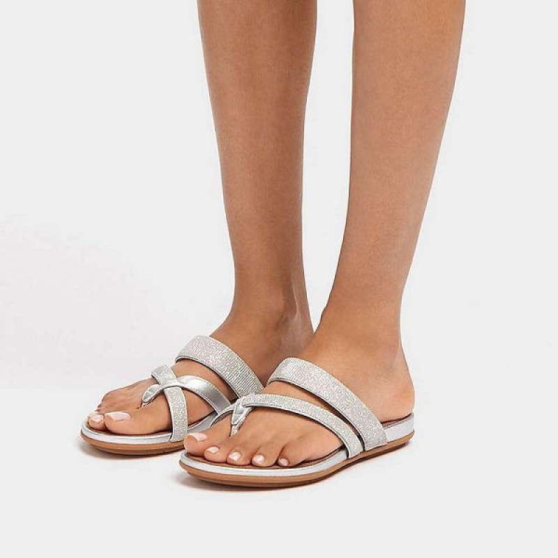 FitFlop Gracie Shimmerlux Strappy Toe-Post Women's Sandals Silver | 037DGKEQO