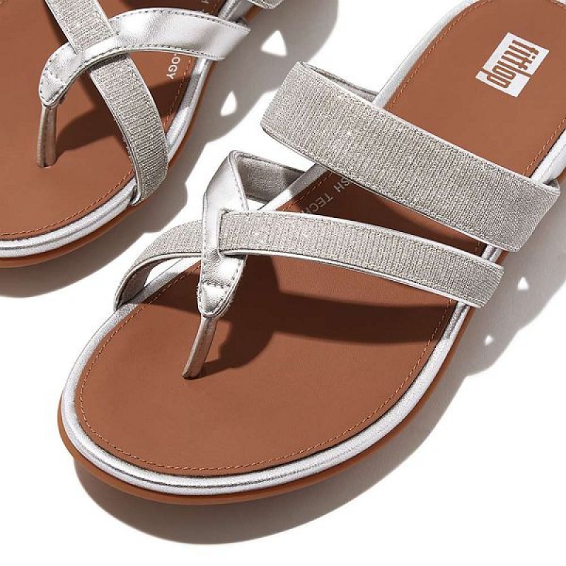 FitFlop Gracie Shimmerlux Strappy Toe-Post Women's Sandals Silver | 037DGKEQO