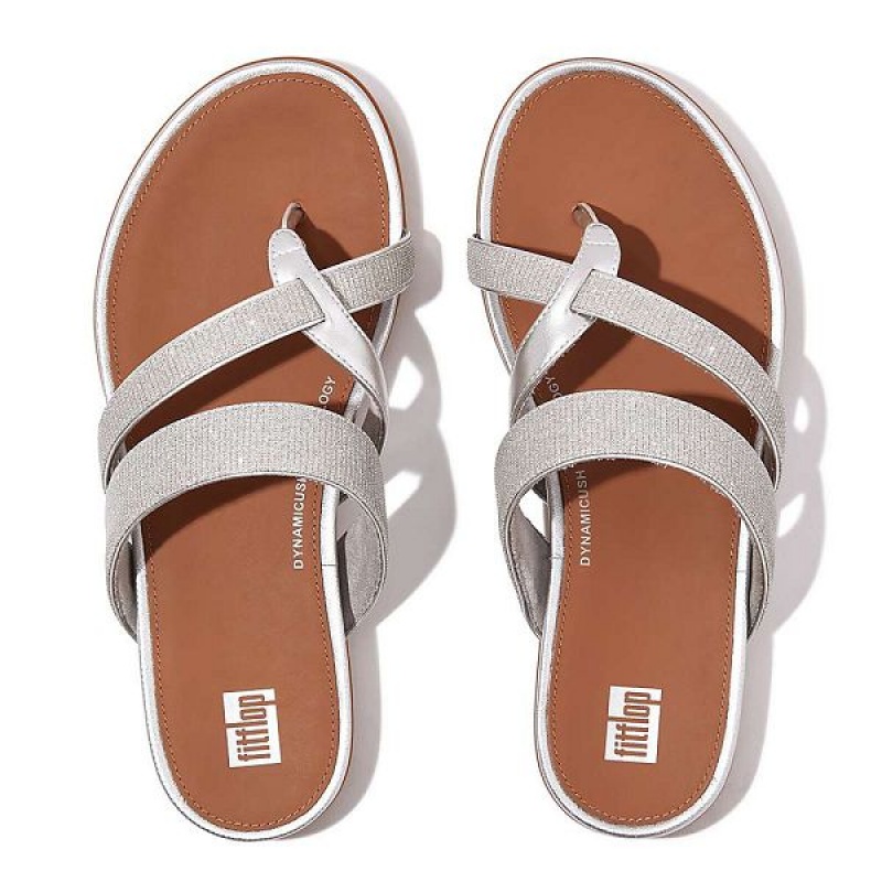 FitFlop Gracie Shimmerlux Strappy Toe-Post Women's Sandals Silver | 037DGKEQO