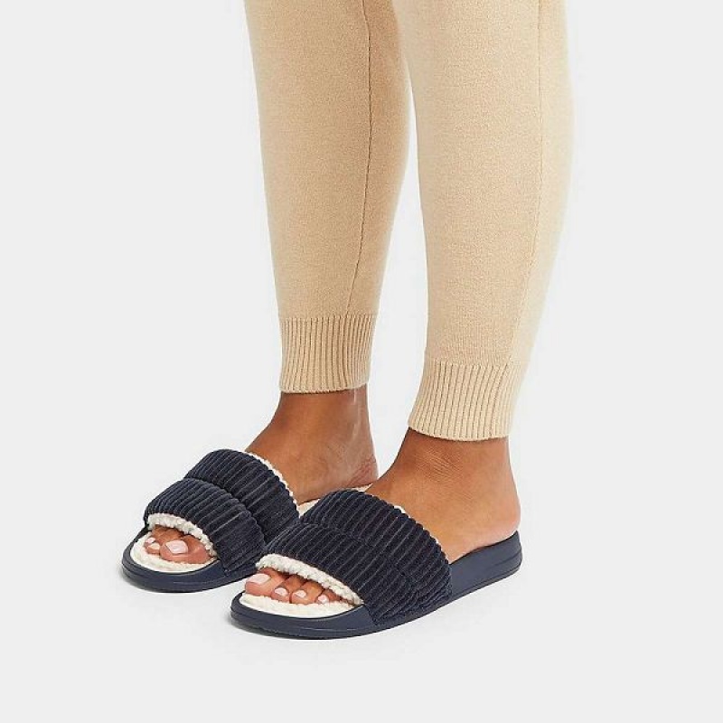 FitFlop Iqushion Biofleece Lined Corduroy Women's Slides Navy | 932KAISFL