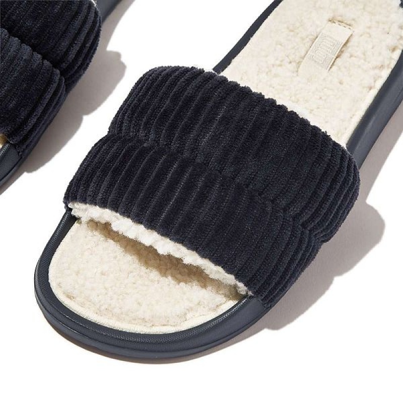 FitFlop Iqushion Biofleece Lined Corduroy Women's Slides Navy | 932KAISFL