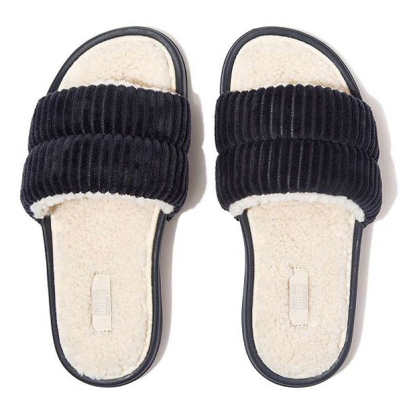 FitFlop Iqushion Biofleece Lined Corduroy Women's Slides Navy | 932KAISFL