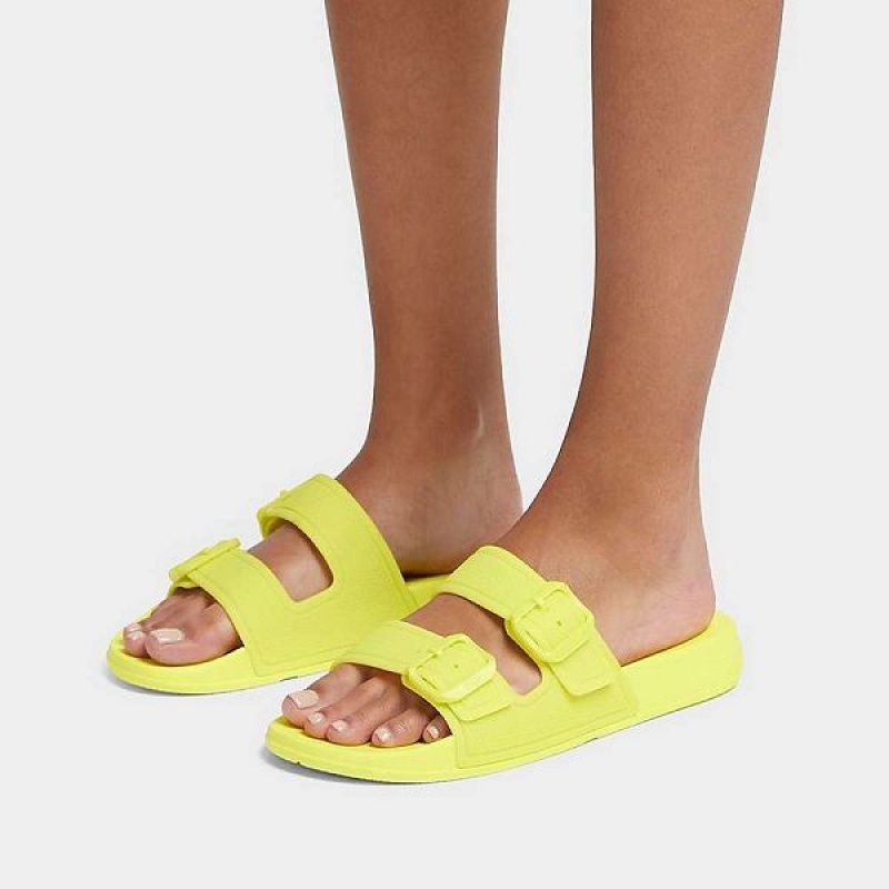 FitFlop Iqushion Glow In The Dark Two Bar Buckle Women's Slides Light Green | 460LTFDIJ