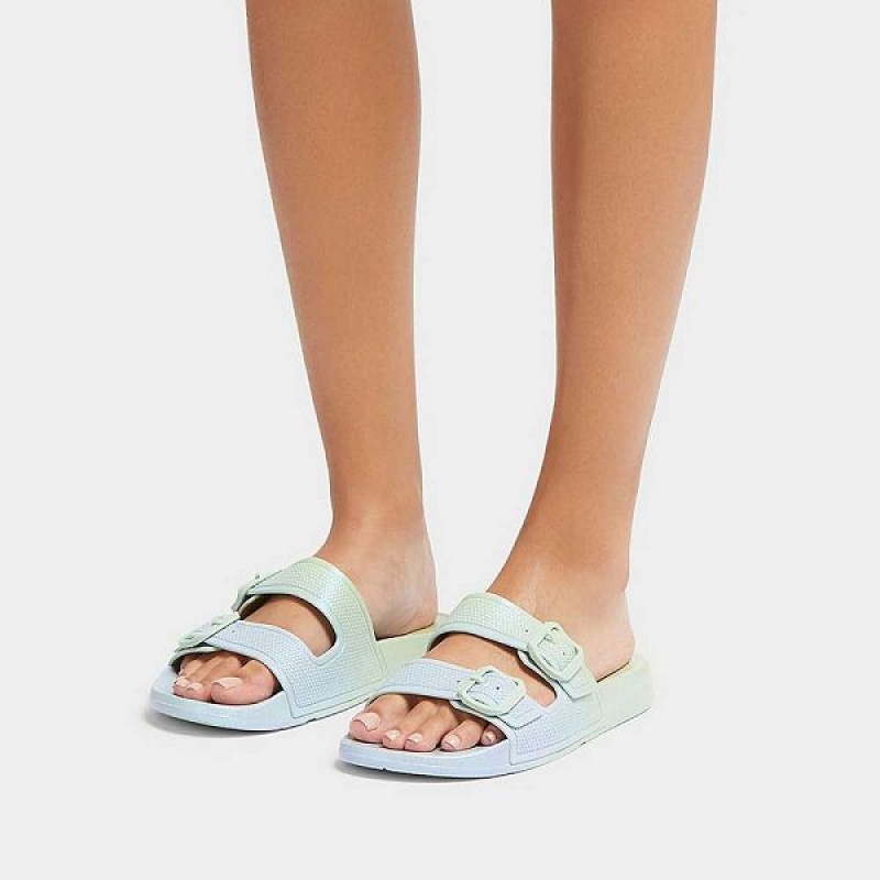 FitFlop Iqushion Iridescent Two Bar Buckle Sliders Women's Slides Blue | 754RAMTXQ